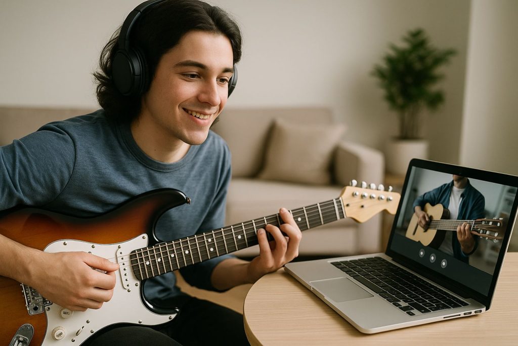Guy Playing an Electric Guitar in front of a screen taking a virtual guitar lesson