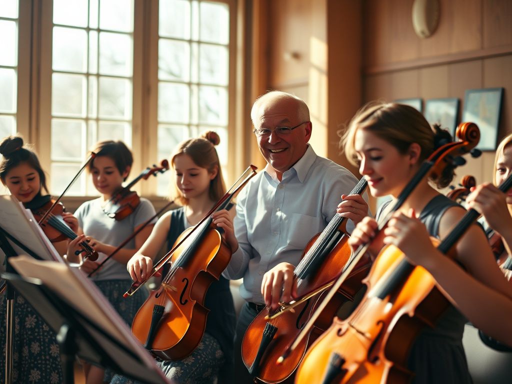 Students playing viola and violin together in a string ensemble lesson