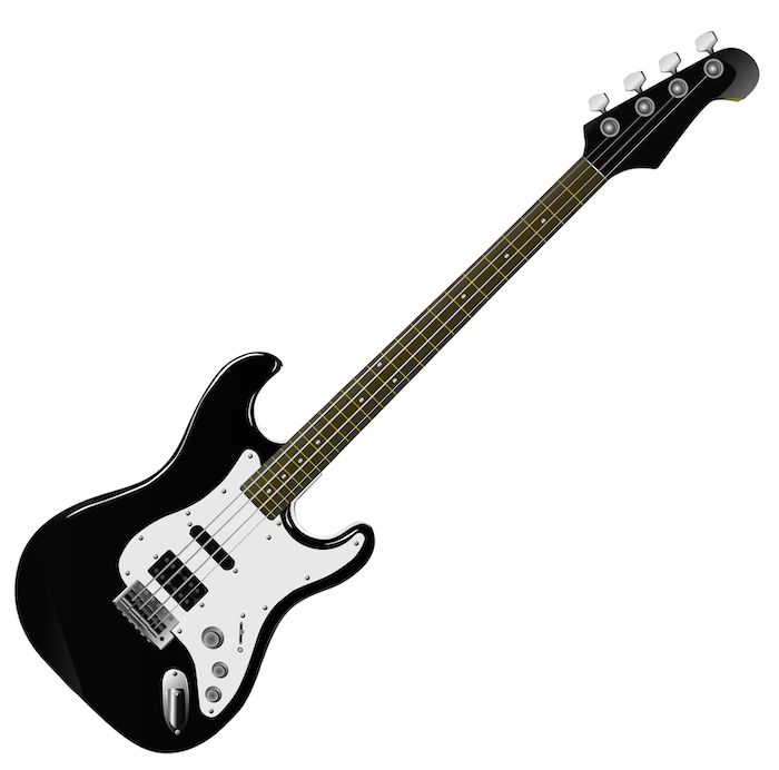 Black Electric Bass Guitar with White pick guard displayed