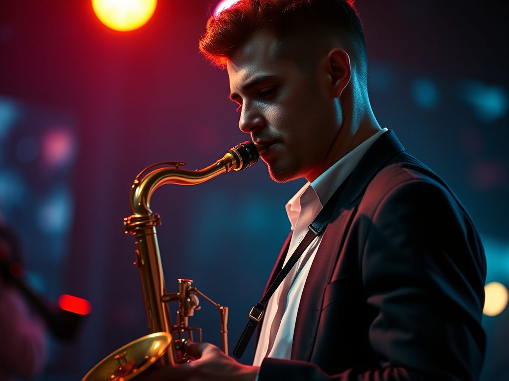 Saxophonist performing jazz on stage