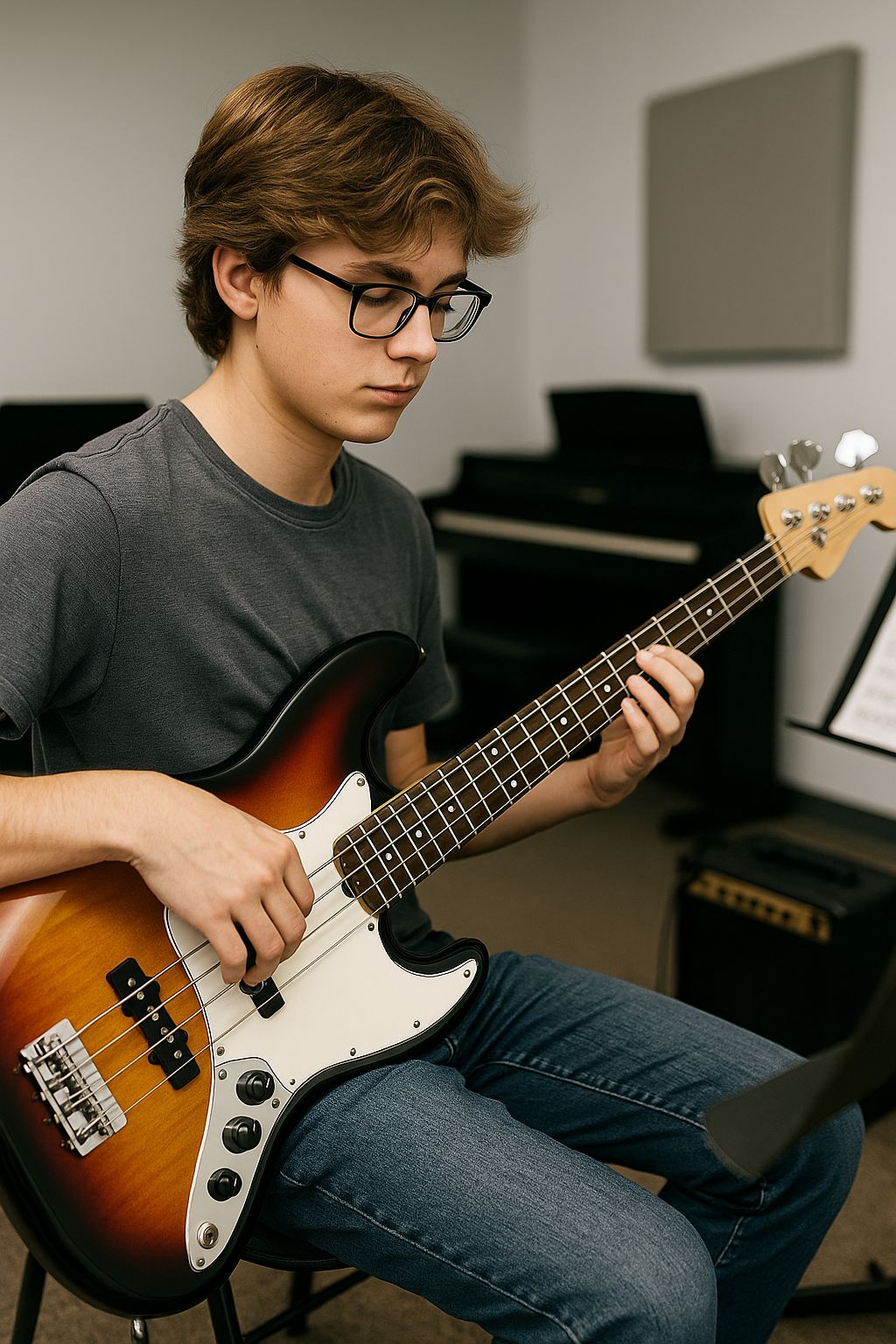 Teen student playing electric bass guitar during a private bass lesson in Canton MI