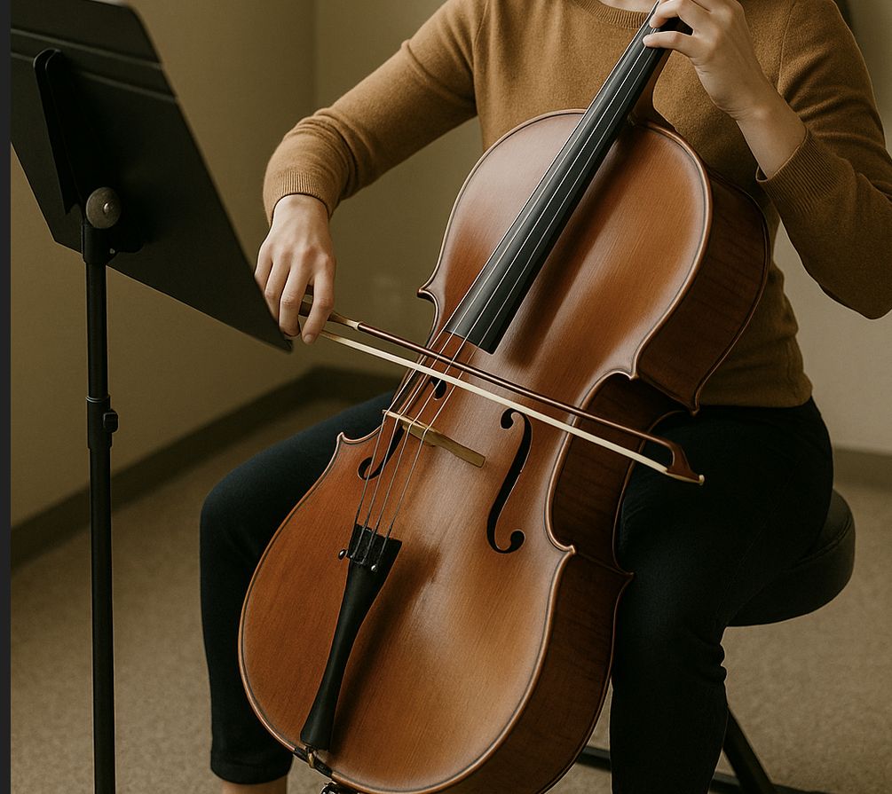 Cello student practicing bowing technique and posture during a lesson in Canton MI