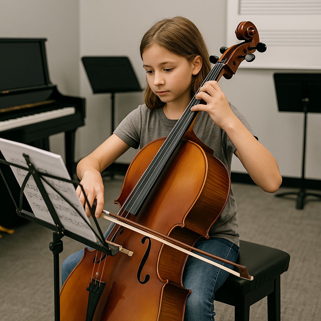 Young student playing cello during a private cello lesson in Canton MI