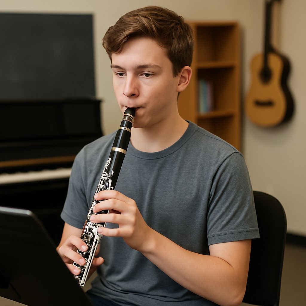 Teen student playing clarinet during a private lesson in Canton MI