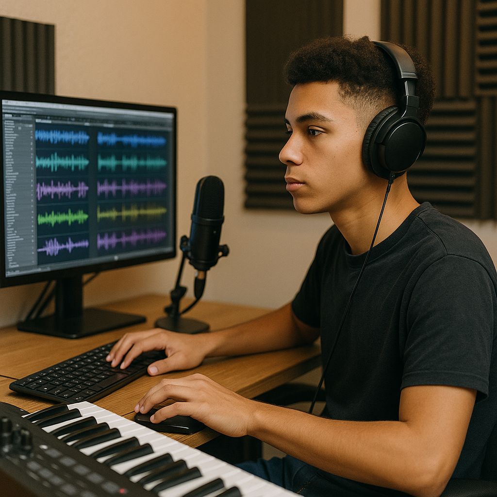 Student working on music production and recording software in lesson