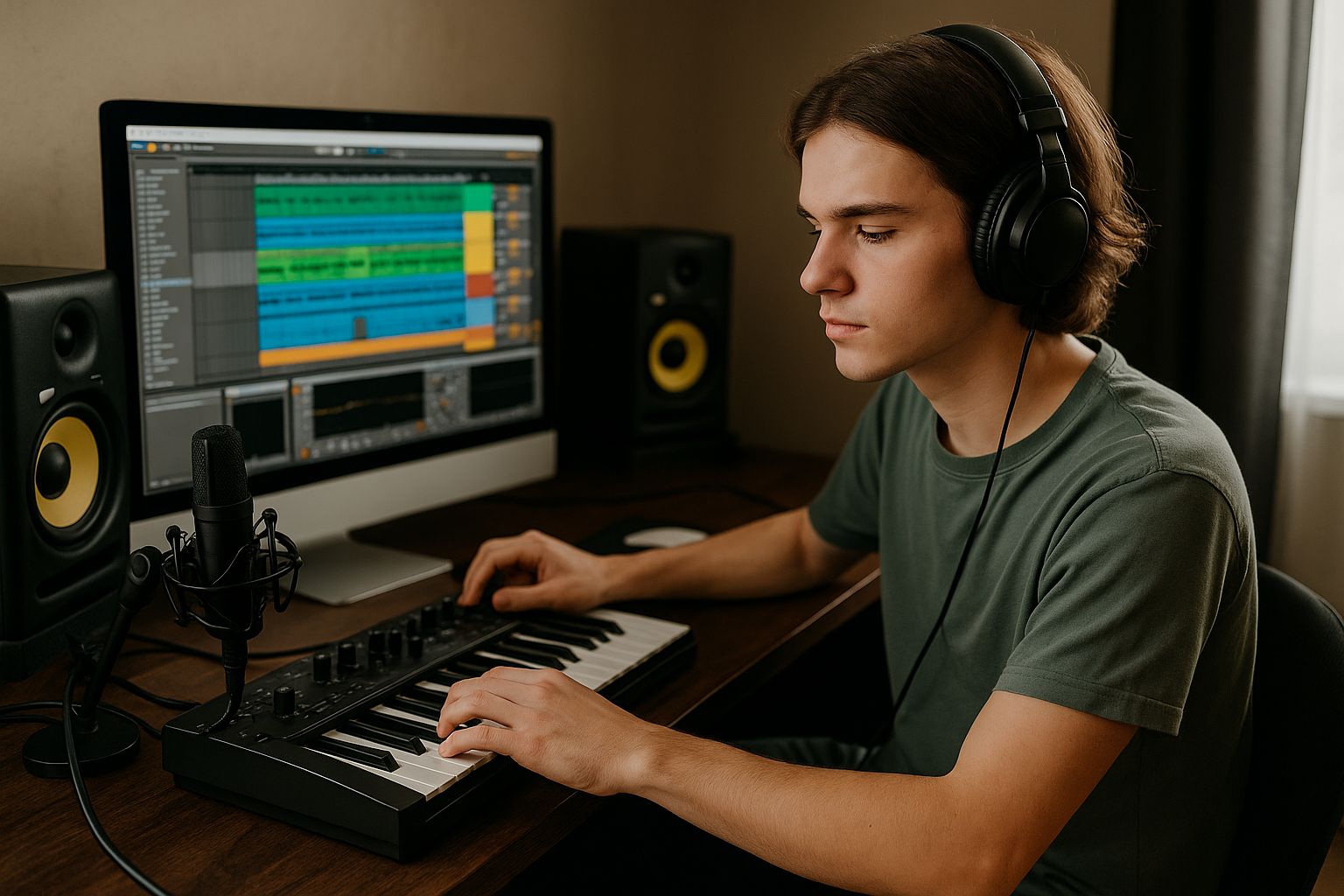 Student producing music on a laptop and MIDI keyboard