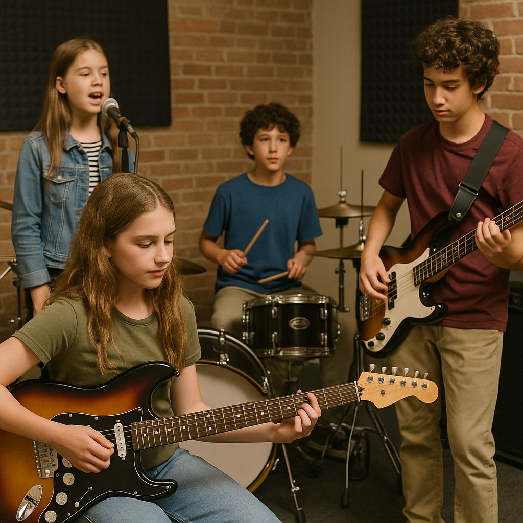 Kids playing guitar, drums and singing in a youth rock band workshop in Canton MI