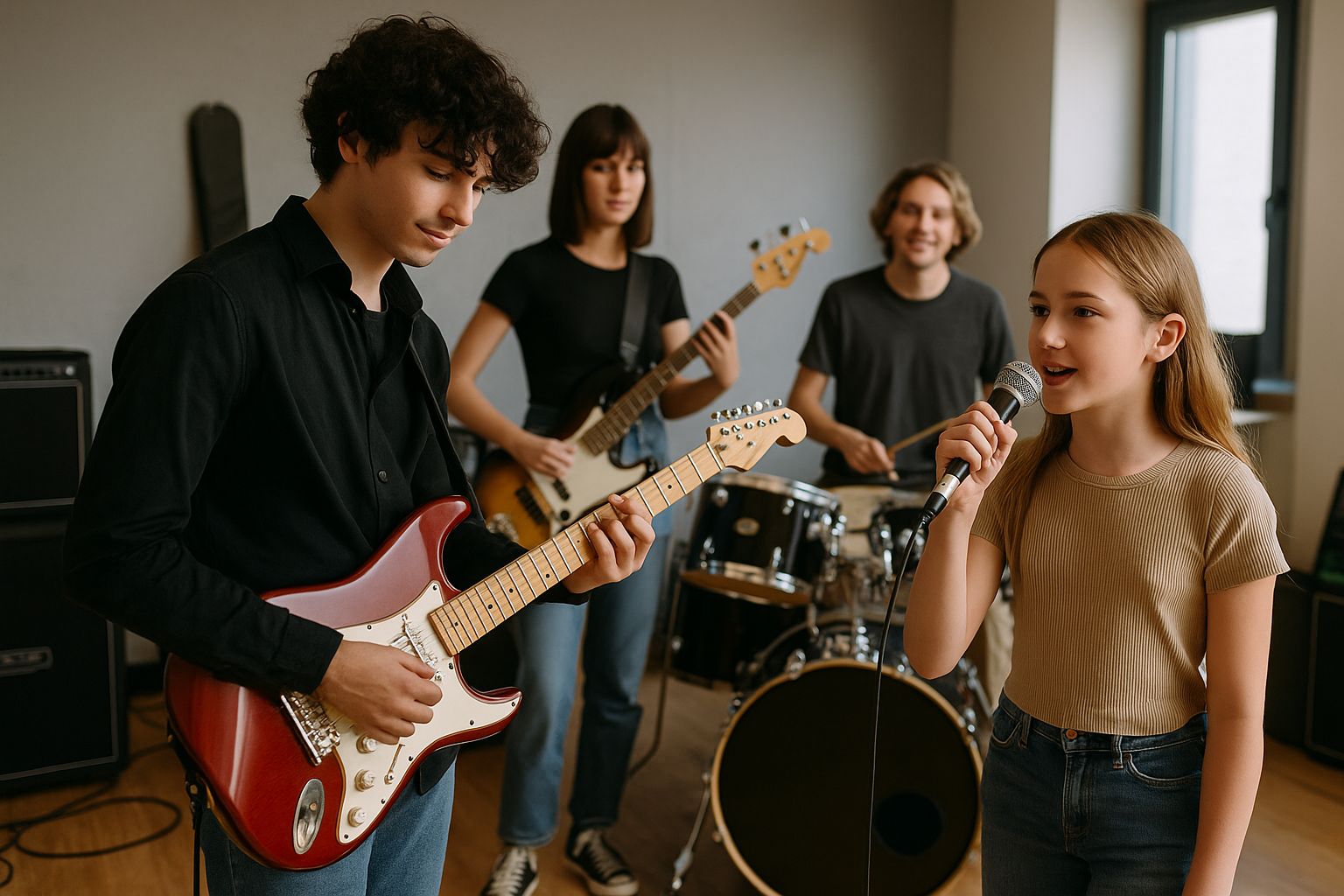 Teen students rehearsing as a rock band in Canton Michigan
