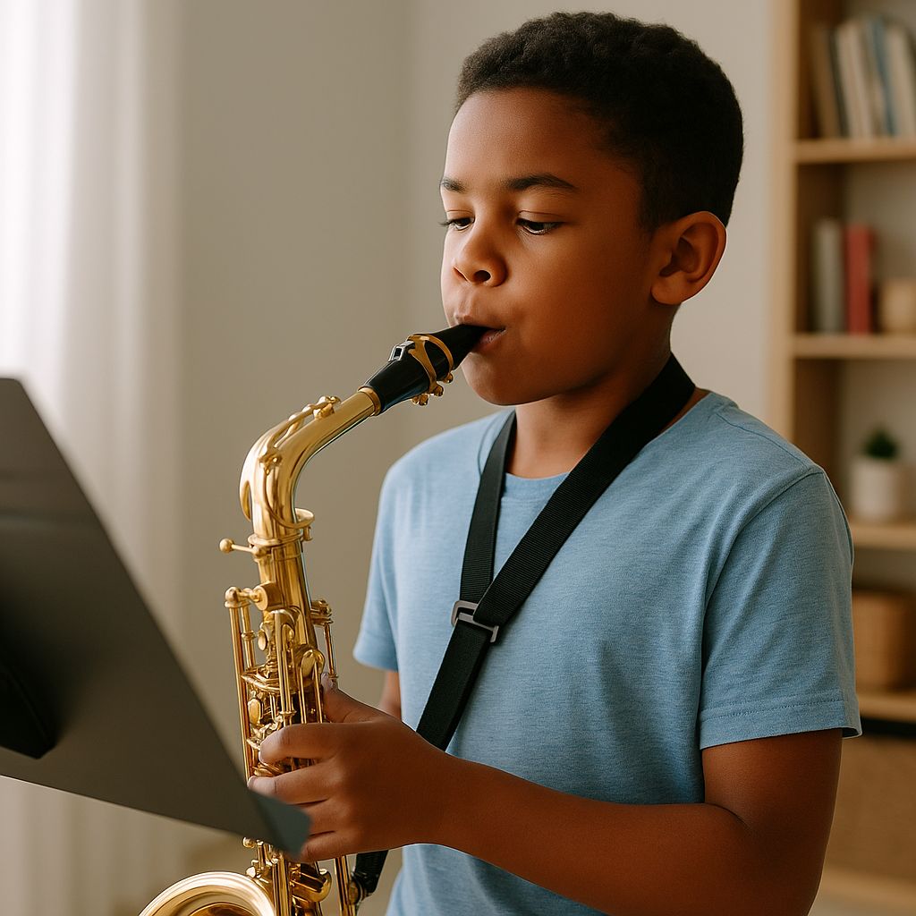 Young student playing alto saxophone during a lesson in Canton MI