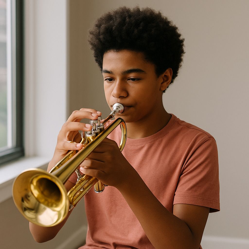 Teen student playing trumpet during a private lesson in Canton MI