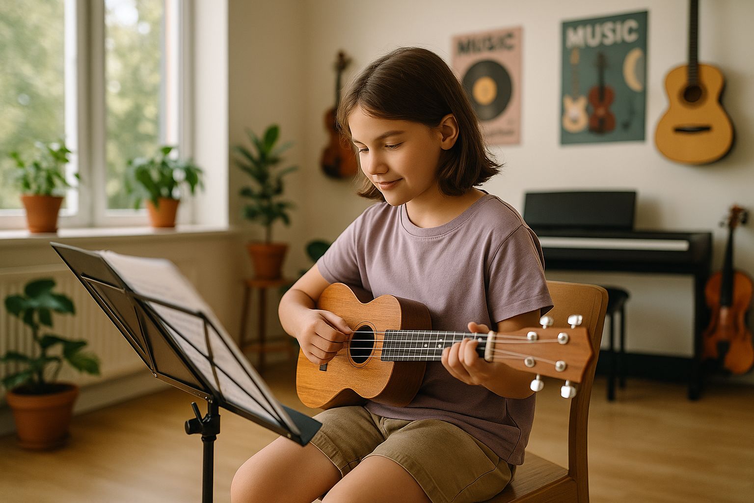Young student playing ukulele during a lesson in Canton MI