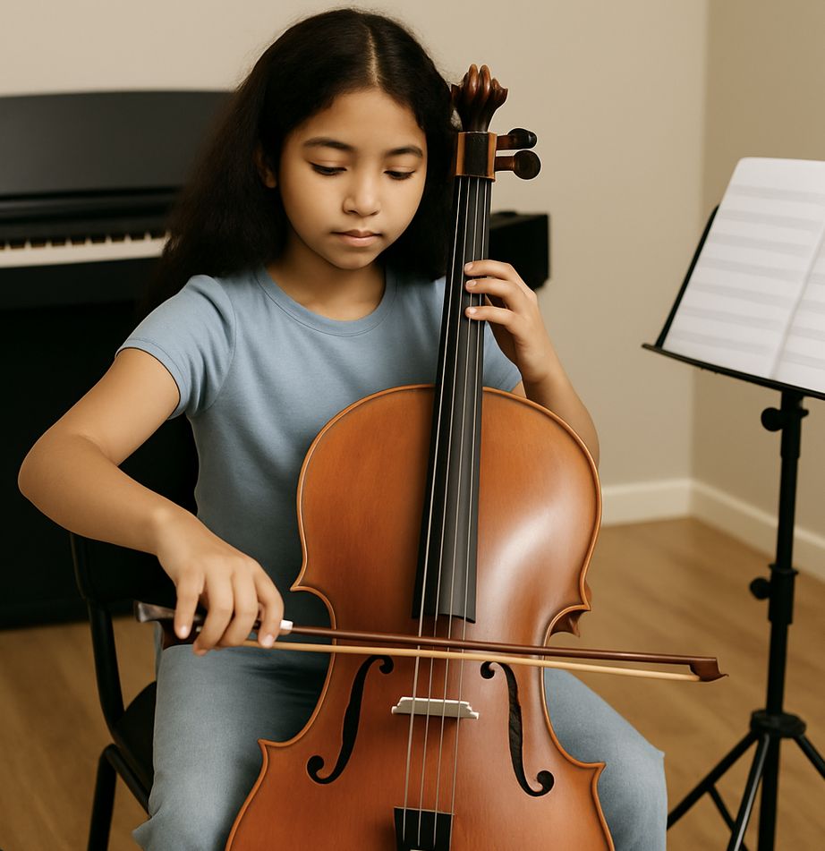 Beginner cello student practicing bowing at Canton Music Academy