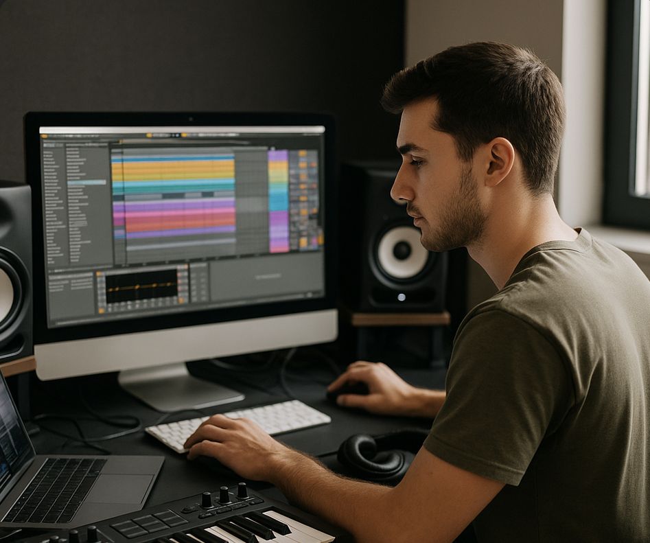 Private music production lesson in Canton with student arranging a track in a DAW