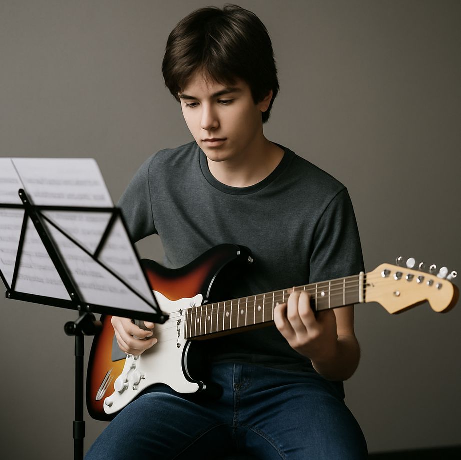young guy playing guitar looking at sheet music on music stand