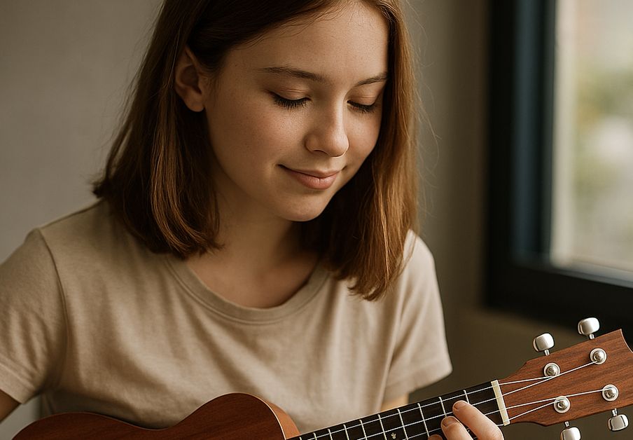 Teen student learning ukulele chords at Canton Music Academy