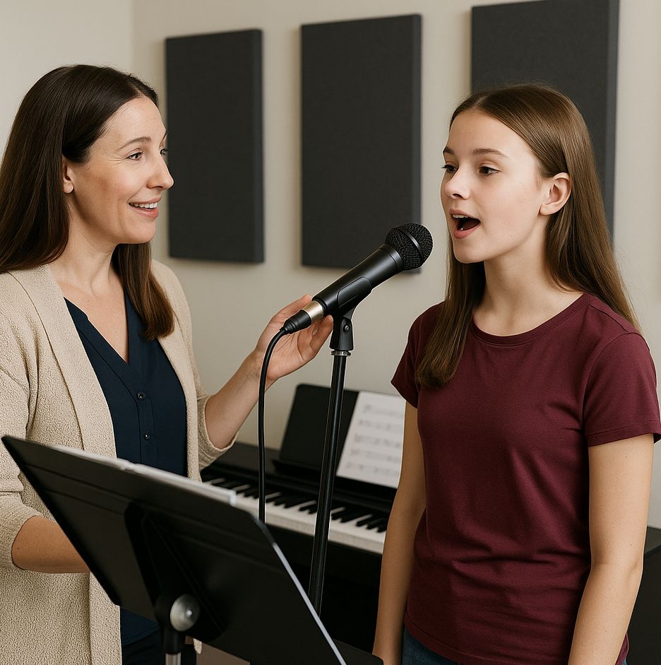 Voice teacher coaching a teen student singing into a microphone during a voice lesson in Canton MI