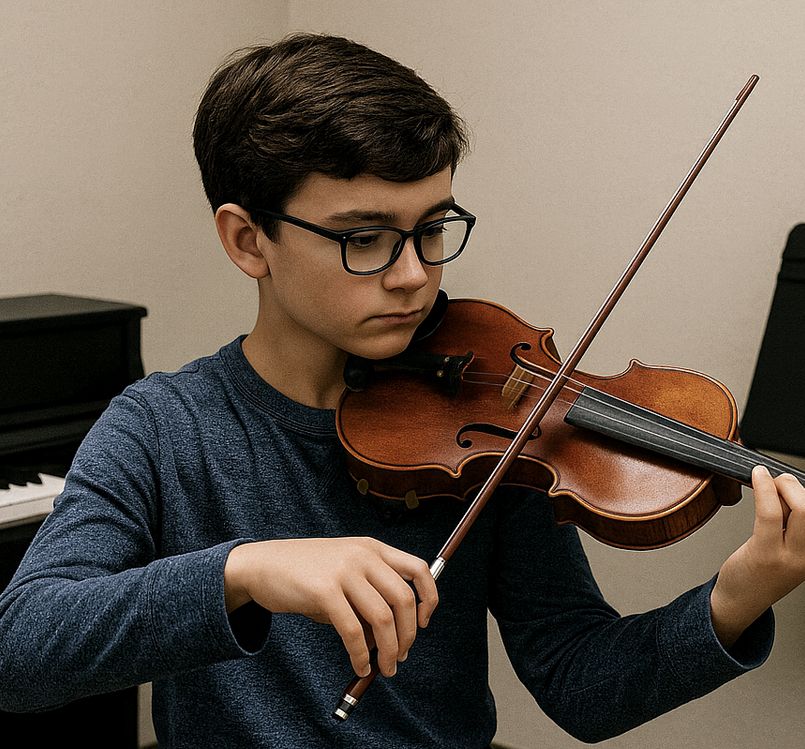 Beginner violin student practicing bowing during a lesson in Canton Michigan