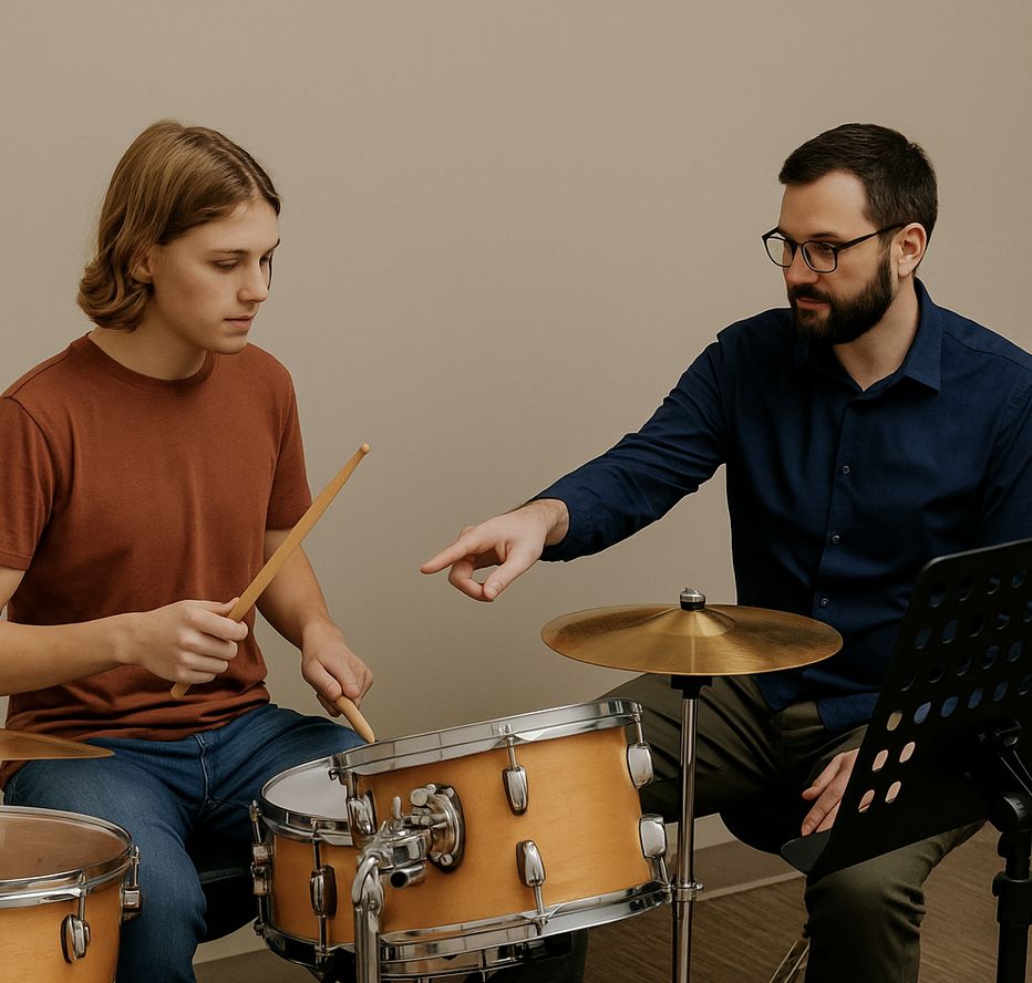 Private drum teacher in Canton Michigan showing a teen student stick technique