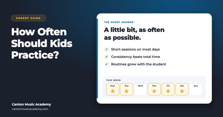 Weekly practice planner showing short, regular practice sessions for a child learning an instrument