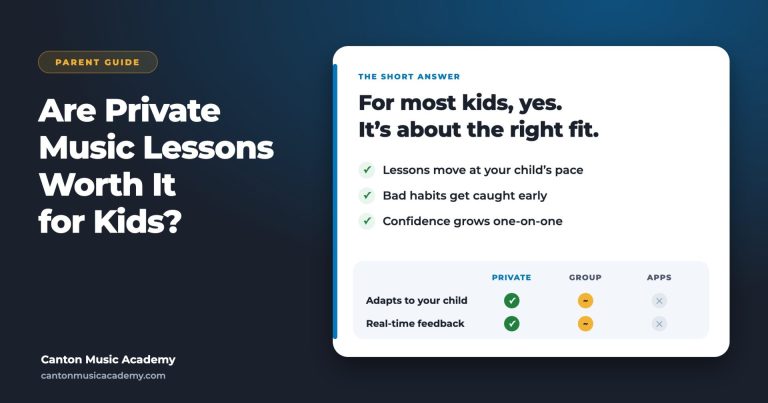 Comparison of private music lessons, group classes and apps for kids, showing individual pacing and real-time feedback