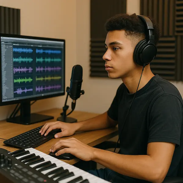 student working on music production and recording software in lesson