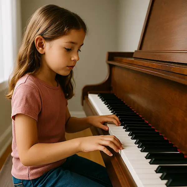 child learning piano during private lesson in Canton Michigan