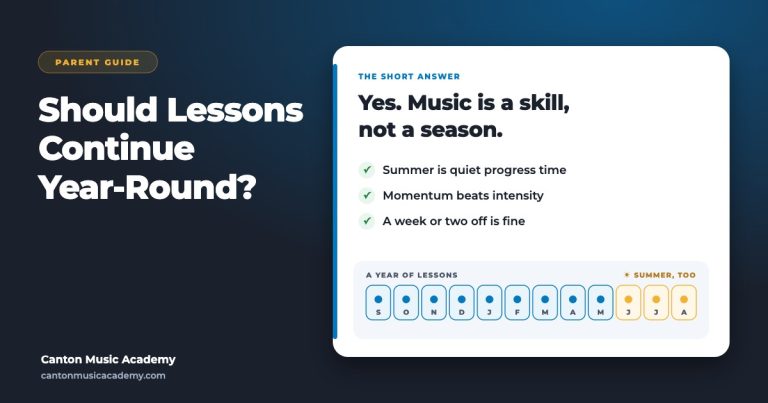 Year-round music lessons keep momentum through the summer, while a long break means rebuilding skills in the fall