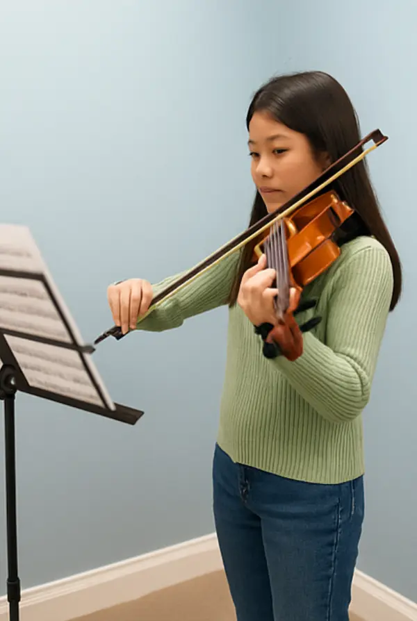 student practicing violin during private lesson in Canton MI