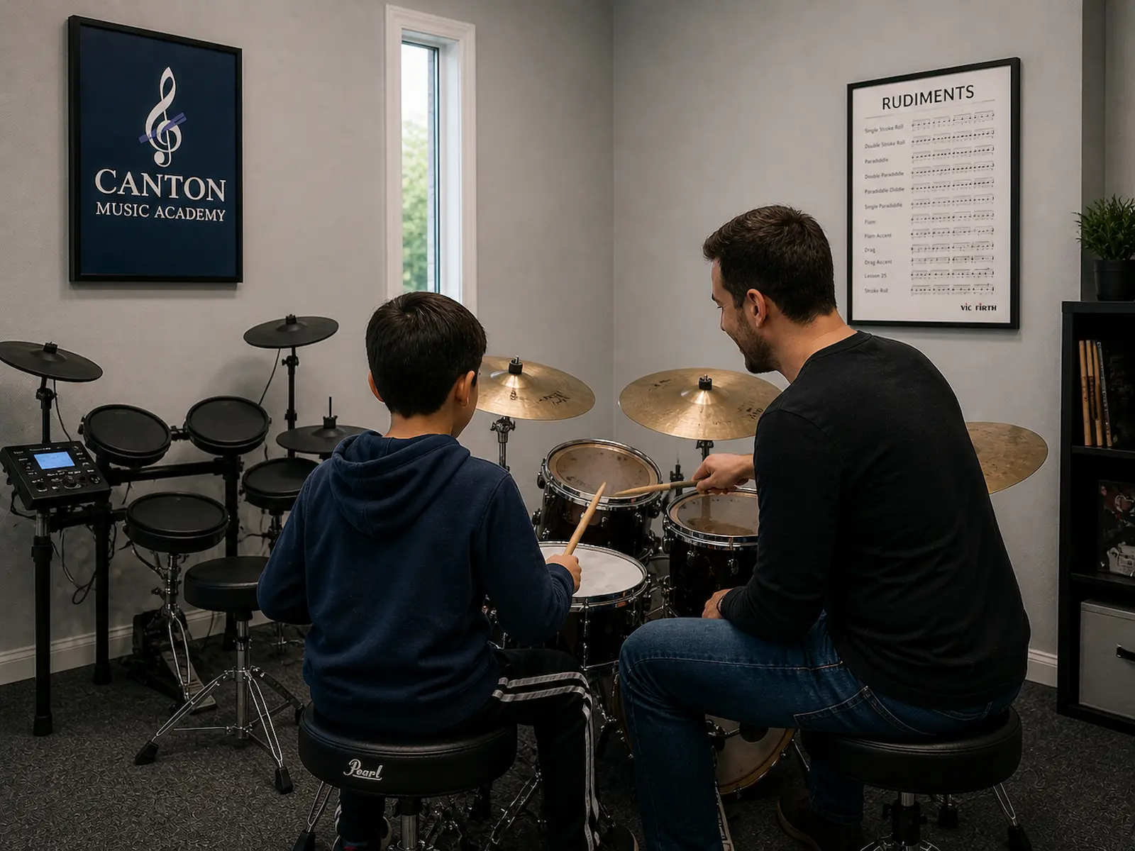 Drum lesson in Canton MI from behind with teacher coaching student on acoustic drum set