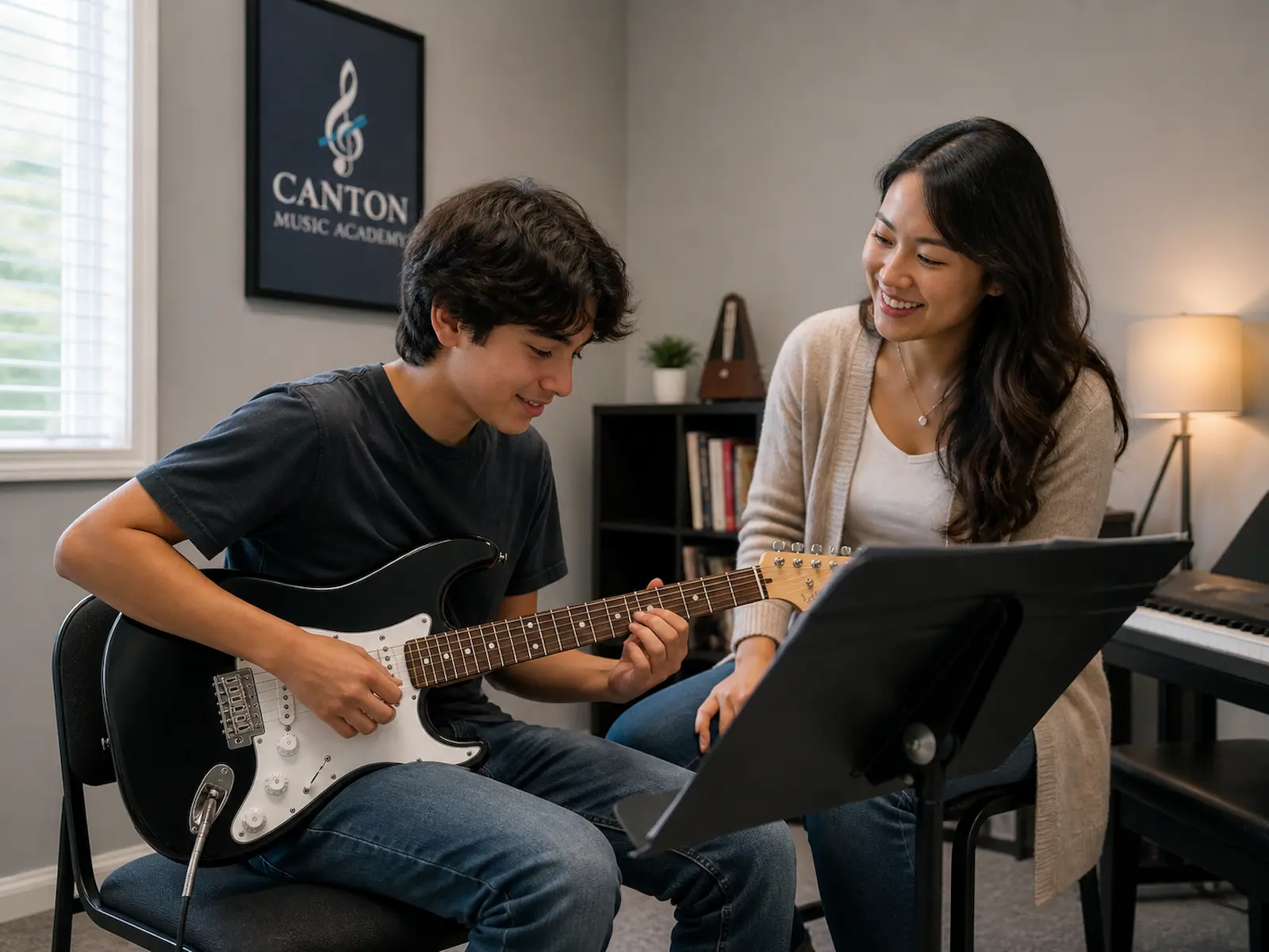 Electric guitar lessons in Canton MI with teen student and teacher at Canton Music Academy