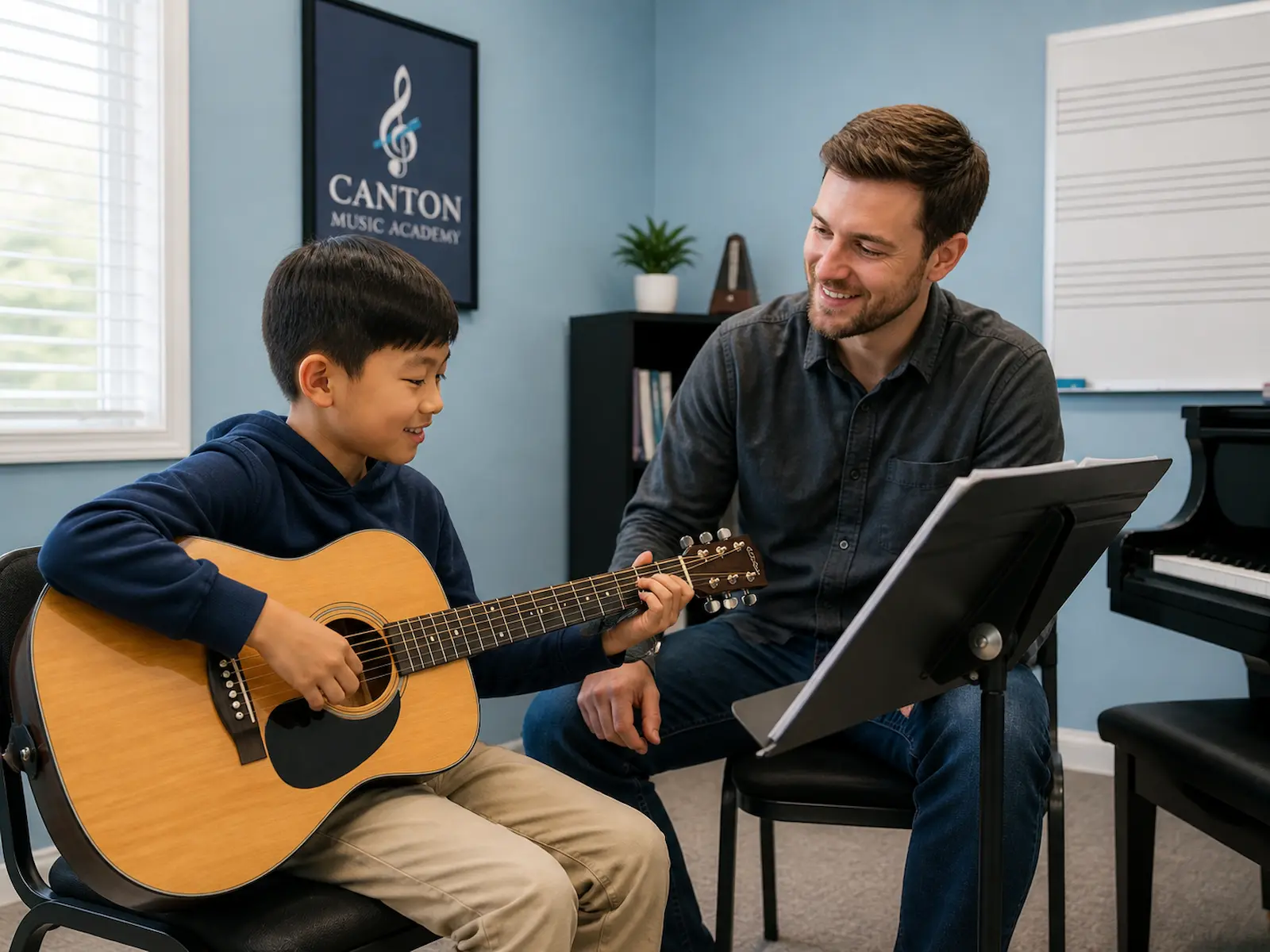 Guitar lesson for kids in Canton MI with student playing acoustic guitar and teacher observing