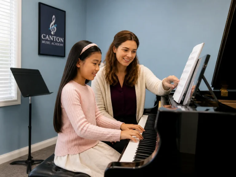 Piano lesson in Canton MI with teacher guiding student at Canton Music Academy