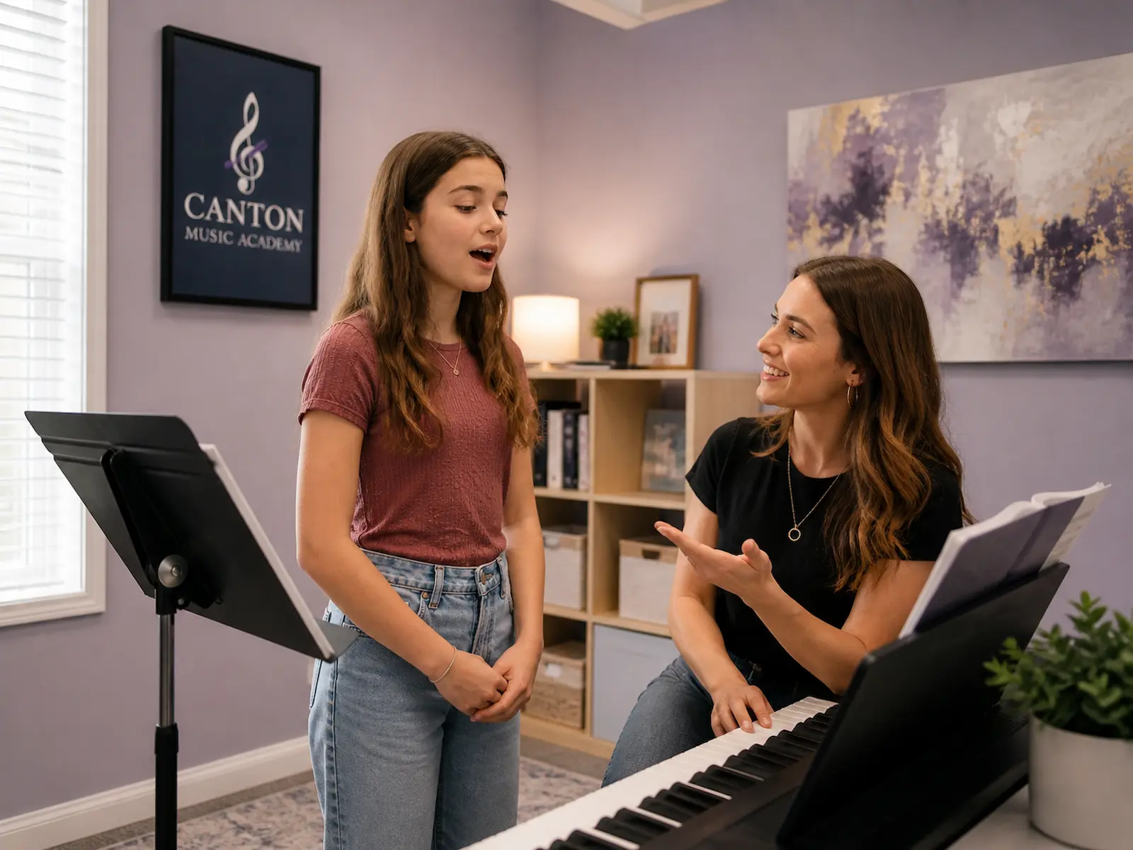 Voice lesson in Canton MI with student singing and teacher coaching at digital piano