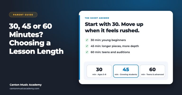 Music lesson length chooser comparing 30, 45 and 60-minute lessons, with 45 minutes recommended
