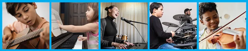 students taking lessons and practicing on guitar, piano, violin, drums and singing