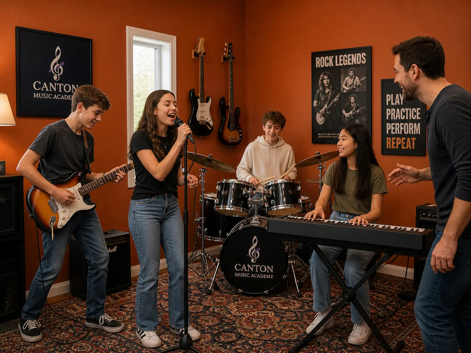 Rock band in Canton MI with students playing guitar drums piano and singing together