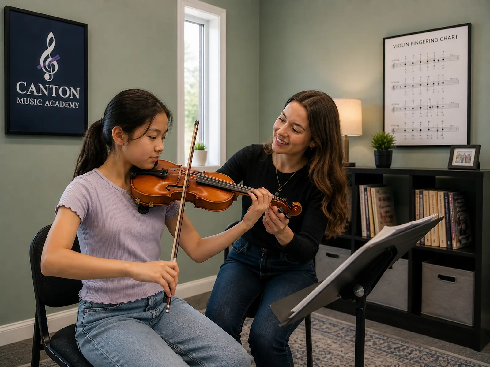 Violin lesson in Canton MI with teacher helping student develop proper technique