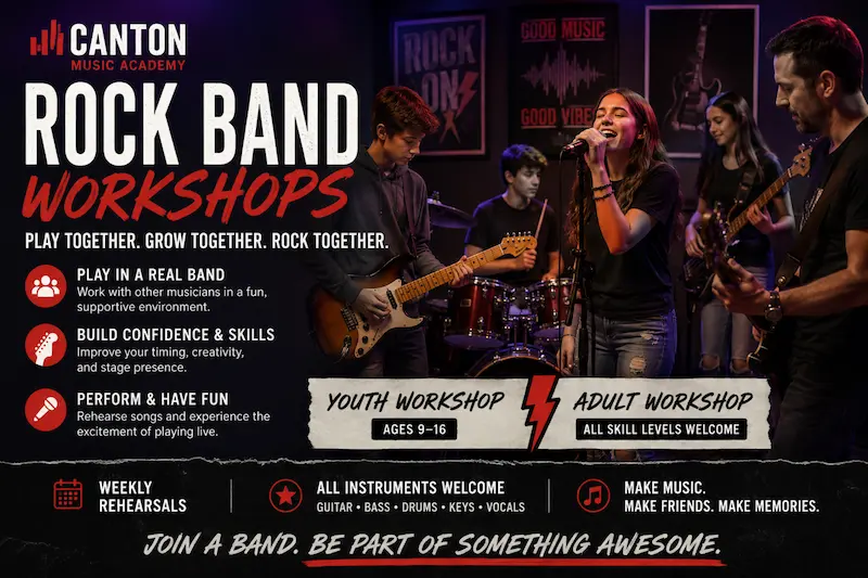 Students and adults performing together in Canton Music Academy Rock Band Workshops, learning teamwork, musicianship, and live performance skills.