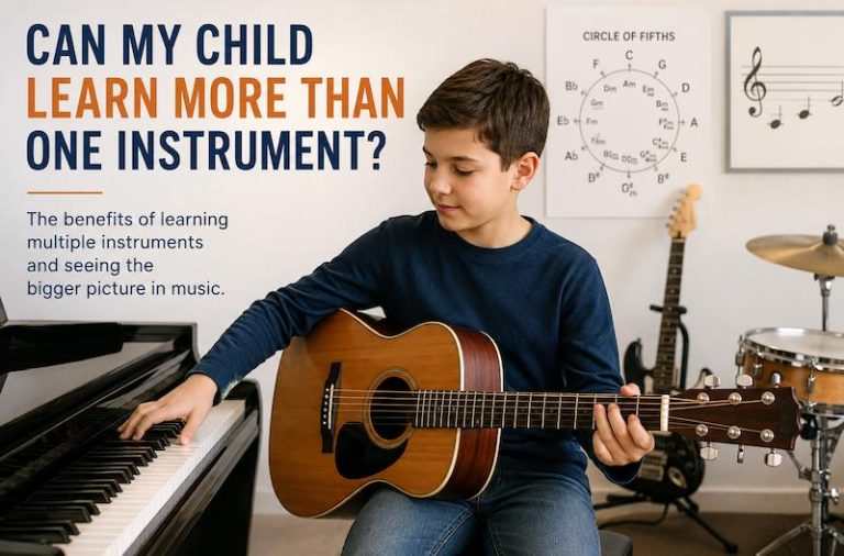 Child learning piano and acoustic guitar during private music lessons at Canton Music Academy