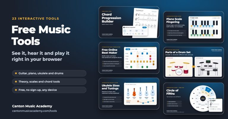 Free music tools from Canton Music Academy for guitar, piano, drums, ukulele and music theory